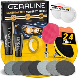 GEARLINE® Scheinwerfer Aufbereitung Set [24 Teile] - Polierset für matte & blinde Scheinwerfer - Inkl. UV-Schutz, Polierpaste, Adapter & 14 Schleifscheiben - Auto Polierset zur Aufbereitung