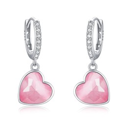 Heart Hoop Earrings for Girls 925 Sterling Silver Cubic Zirconia Hoop Earrings Hanging with Pink Heart Crystal Hypoallergenic Heart Earrings Gift for Wife Girlfriend Daughter, Sterling Silver, Cubic