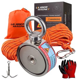 ULIBERMAGNET Super Strong Double-Sided Fishing Magnet, Combined with 320 kg N52 Rope, Starter Set, Claw Hook and Neodymium Magnet, Used for Magnetic Fishing and Underwater Treasure Hunting