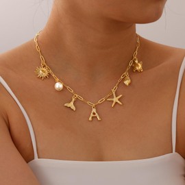 Lydow Initial L Charm Necklace for Women Gold Letter Starfish Shell Beach Summer Sun Turtle Necklace Pearl Seashell Boho Paperclip Chain Beachy Jewelry Pendant Gifts