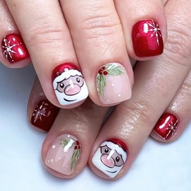 Christmas Press On Nails Short Red Square Fake Nails with Christmas Santa Claus Designs Glossy Stick On Nails Christmas Nail Accessories Decorations for Women Girls 24Pcs