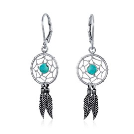 Blue Turquoise Western Jewelry Native American Indian Dream Catcher Feather Dangle Earrings For Women Teen .925 Sterling Silver