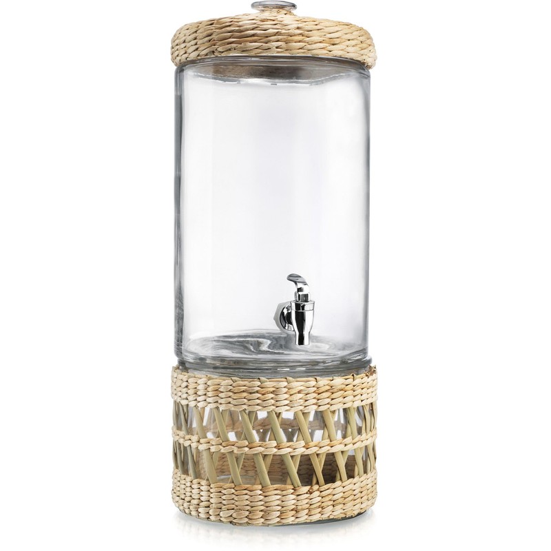 Merveille Glass Beverage Dispenser with Rattan Wrap, 2 Gallon Capacity,