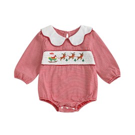 Newborn Baby Girls Christmas Outfit Doll Collar Smocked Santa Reindeer Embroidery Stripe Bubble Romper One Piece Clothes (Red, 3-6 Months)