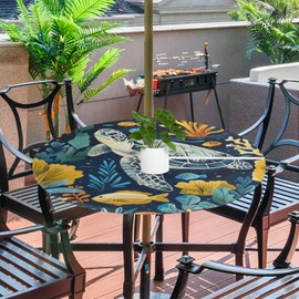 Outdoor Round Tablecloth with Umbrella Hole, Sea Turtle Fitted Table Cloth Waterproof Umbrella Table Cover Elastic Circle Table Cloth with Zipper for Party Picnic,Fit for 36"-44" Round Tables