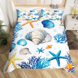 Summer Beach Kid Duvet Cover Set King Size,Starfish Coral Shell Marine Life Ocean Bedding Set,Girls Women Room Decor,Conch Lake House Cabin Sea Blue Dreamy Quilt Cover,2 Pillowcases(No Comforter)
