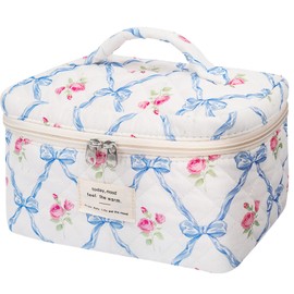Large Makeup Bag, Cute Cosmetic Bag for Women Girls, Floral Coquette Aesthetic Toiletry Bag, Travel Make Up Organizer Bag (Blue Butterfly)