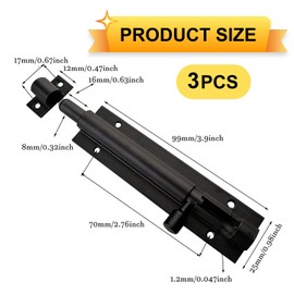 3-Pack Heavy Duty Slide Latch Lock – 4 Inch Gate Latch Bolt, Door Lock Bolt with Nickel Plating, Slide Barrel Door Bolt, Security Lock Latch for Shed, Gate, Internal Doors, and Bathroom (Black)