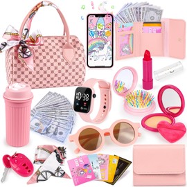 Play Purse for Little Girls, 32PCS Toddler Purse with Pretend Makeup for Kids, Princess Toys Includes Handbag, Phone, Wristwatch, Silk Scarf Kids Toy Purse Birthday Gift for Girls 3 4 5 6 +