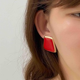 Enautoabs Vintage Large Enamel Geometric Earrings Red Square Dangle Earrings Geometric Square Statement Earring Jewelry for Women