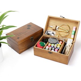 RoseFlower Wooden Sewing Basket with Sewing Kit Accessories, Sewing Box, Basic Sewing Kit, Sewing Accessories and Accessories, Sewing Repair Kits, Hand Sewing Kit with Needle, Pin Cushion, Button for