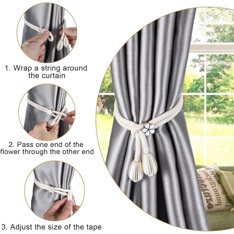 Ousuwo 4Pcs Cotton Rope Curtain Tiebacks, Adjustable Handwoven Curtain Holder