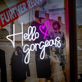 Neon Sign Hello Gorgeous, Neon Sign for Wall Decor with Adapter and Remote Dimmer, Large Hello Gorgeous Neon Light Signs Led Sign for Bedroom Wedding Birthday Party Engagement Valentines (White)