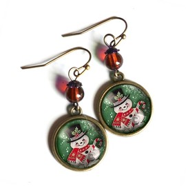 Retro Snowman On Green Background Traditional Holiday Earrings