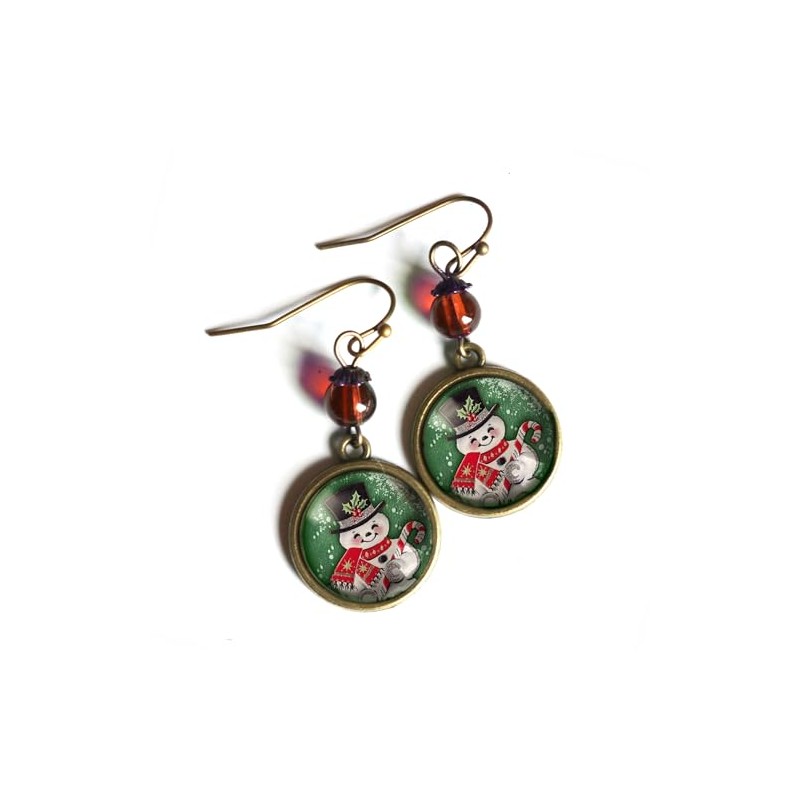 Retro Snowman On Green Background Traditional Holiday Earrings