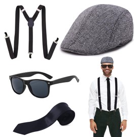 Oerphh 4pcs Roaring 20s Men's Accessories, Adults 1920S Gangster Costume with Grey Hat Braces Tie Sunglasses, 1920s Gastby Costume Accessories for Men Cosplay Party (Style-01)