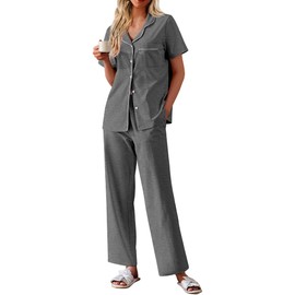 Ekouaer Women's Cotton Pajamas Set Short Sleeve Button Down Pjs 2 Piece Soft Sleepwear with Long Pants Lounge Set Grey Small