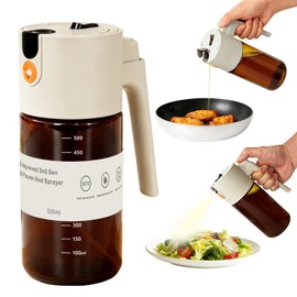 KEOUKE 2 in 1 Oil Sprayer & Dispenser for Cooking, 500ml Light-Blocking Glass Olive Oil Bottle with Gravity Sensing Cap, Ergonomic Push-Button Design for Air Fryer, BBQ, Salad