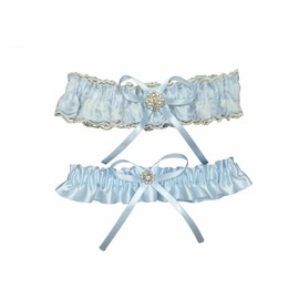 Juego de liga de boda para novias con encaje floral y diamantes de imitación en la pierna de satén con lazo de algo azul, accesorio de novia, azul claro