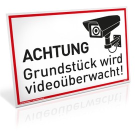 Sign Achtung Grundstück wird videoüberwacht! | Aluminium 30 x 20 cm | Sturdy Aluminium Sign with UV Protection | White | Video Surveillance Camera Surveillance Dreifke®