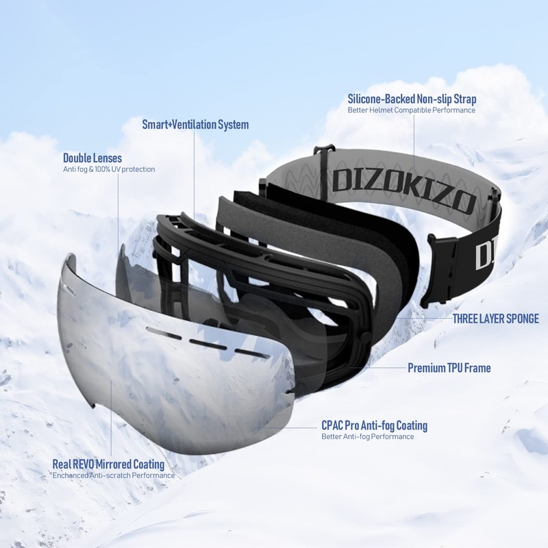 Dizokizo Ski Goggles Interchangeable Spherical Lens for Skiing Snowboard Anti-fog