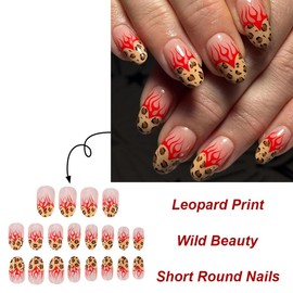 24Pcs Oval Press on Nails Short Fake Nails Brown French Tip Acrylic Nails Press Ons Leopard Print False Nails with Flame Designs Glossy Stick on Nails Cute Artificial Nails for Women Girls
