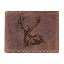 Greenburry Wallet with deer motif, leather wallet for hunters, brown wallet with deer motif, men's leather wallet, 12.5 x 9.5 x 2.5 cm, brown, Vintage