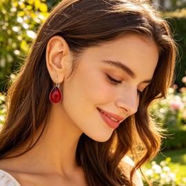 Yheakne Vintage Teardrop Ruby Drop Earrings Red Teardrop Earrings Ruby Crystal Dangle Earring Waterdrop Red Gemstone Earring Silver Leverback Statement Jewelry for Women