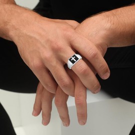 Lattd Cross Signet Ring for Men 925 Sterling Silver Cross Stamp Ring for Boys Black and Silver Jewelry Gift, Sterling Silver, No Gemstone