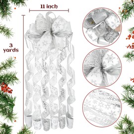 LEEQE Silver Glitter Christmas Tree Topper Bow 11 inch with 6 Ribbon Tails 3 Yards Elegant Holiday Decoration for Indoor and Outdoor Use Perfect for Family Weddings and Party(Silver Glitter)
