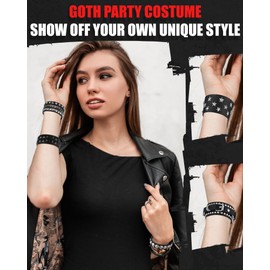 Hicarer 9 Pieces Spiked Studded Bracelet Black Leather Rivet Punk Bracelet Cuff Wrap Bangle Snap Button Metal Wristband for Men Women (Trendy Style)