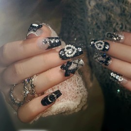 IMSOHOT Black Press on Nails Medium Coffin Fake Nails French Glossy Glue on Nails Full Cover Y2K Bow & Rhinestone Designs Handmade Artificial Stick on Ballerina Nails for Women Girls 24Pcs