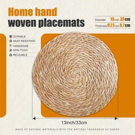 ECOMAID Boho Woven Placemats Set of 10 with Wooden Napkin Rings, Round Charger Plates, Natural Rattan Dinner Place Mats for Dining Table Decor - 13 inch