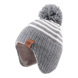 PEECABE Toddler Winter Hat Boys Girls Striped Knitted Beanie Pompom Kids Cold Weather Hat Scarf Set 9M-8Y (A-Gray, M)