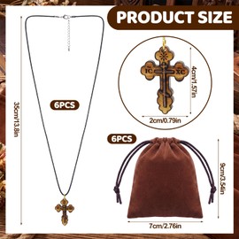 Kigeli 6 Set Olive Orthodox Cross Necklace Gifts Wood Eastern Orthodox Pendant with Christogram Pendants Wax Cord Necklace Velvet Pouch for Baptism Favors Catholic Gift Men Women