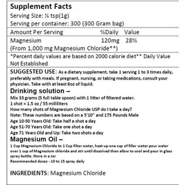 Cloruro de Magnesio 100% Pure Magnesium Chloride Food Grade 300 Grams Edible Magnesium Highly Absorbable for Daily use as Supplement or Magnesium Oil up to 600 Servings 10.58 Oz