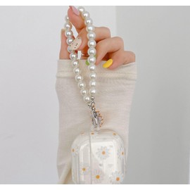 Fycyko Compatible for AirPods Pro 2 Case Soft TPU with Cleaner Kit Cute Little Daisy Flowers Design Shockproof Pearl Keychain Cover for Girls Woman for Airpods Pro 2-White