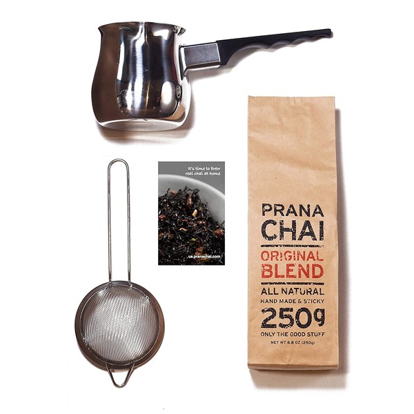 Prana Chai 1 bag chai lovers starter pack including chai teapot, fine mesh strainer and 1 bag of all-natural masala blend. Only the Good Stuff.