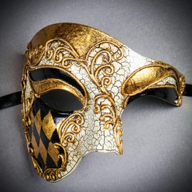 ILOVEMASKS Venetian Phantom GOLD Checker Men Masquerade Ball Party Classic Full Face Mask