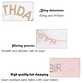 Mimeile Happy Birthday Rhinestone Headband, Birthday Sash for Women, Gold Crown Tiara Bling Hair Accessories Cute Gifts