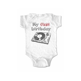 My First Birthday - Turntable Design - Cute Fun Birthday Baby one Piece Bodysuit (18 Months Bodysuit, White)