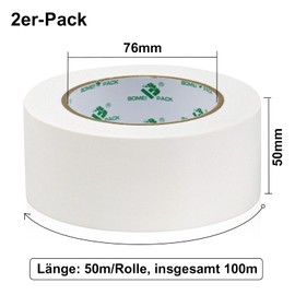 BOMEI PACK White Duct Tape, Extra Strong, 50 m x 50 mm, Waterproof Repair Tape for Indoor and Outdoor Use, Fabric-Reinforced Repair Tape, 2 Rolls