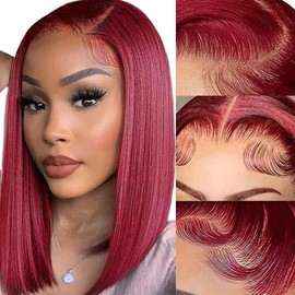 TIRALI 99j Burgundy Lace Front Wigs Bob Wig Human Hair 13x4 Lace Front Wigs Human Hair Pre Plucked 180% Density Short Straight Bob Wig Natural Hairline Wine Red Wig for Black Women 14inch
