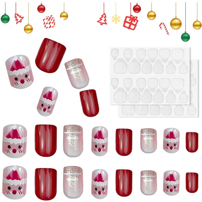 Christmas False Nails, 24 Pieces Christmas Red False Nails Set,
