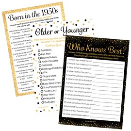 DISTINCTIVS Birthday Party Games - Born in The 1950s Black and Gold Birthday Game Bundle - 65th or 70th Birthday - Set of 3 Games for 20 Guests