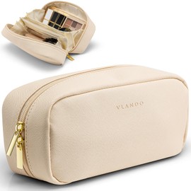 Vlando Travel Makeup Bag,Purse Leather Cosmetic Bags for Women, Waterproof Portable Zipper Makeup Pouch Bag with Divider,Beige