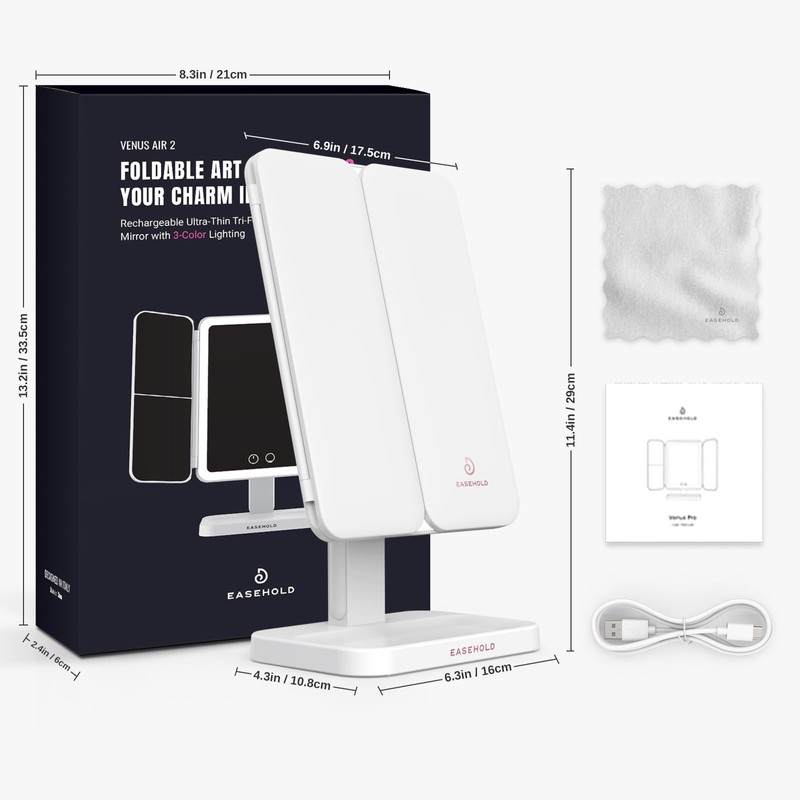 EASEHOLD Vanity Mirror with Lights, 2X 3X Magnification, Trifold, Rechargable,