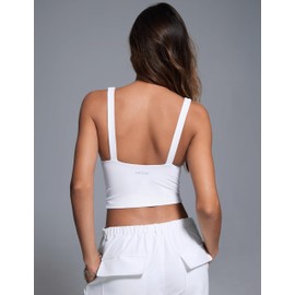 INGIA Womens Deep V Neck Plunge Longline Tank Tops Built in Bra Sleeveless Gym Athletic Yoga Cropped Top White Medium