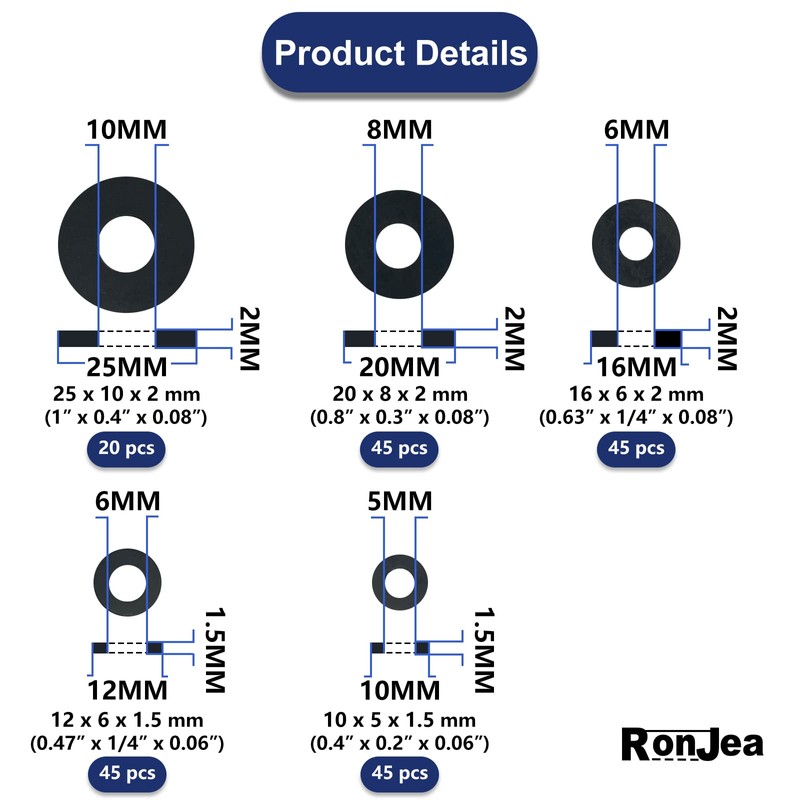 RonJea 200 Pcs Flat Rubber Washers Assortment Kit: Black Rubber