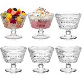ZOOFOX 6 Pack Glass Ice Cream Bowl Set, 9 oz Footed Fruit Parfait Cups, Embossed Design Glass Dessert Bowls for Sundae, Ice Cream, Smoothie, Fruit, Salad, Yogurt, Cocktail, Snack